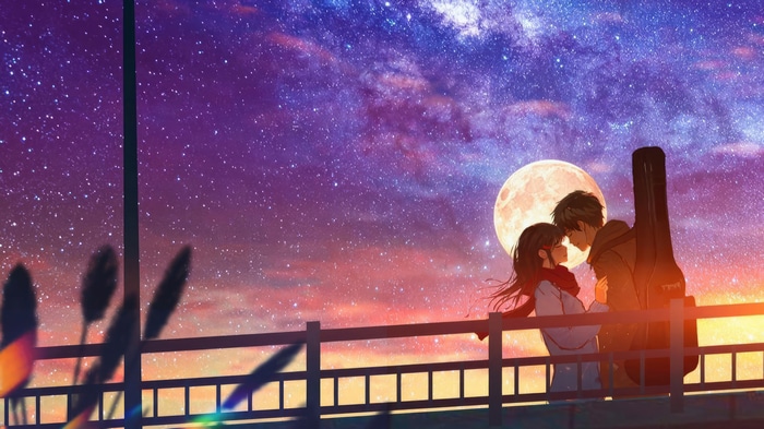 Anime couple under a starry sky with moon