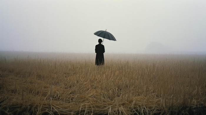 Person with umbrella in a foggy field