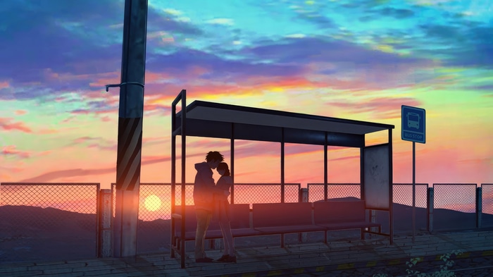 Anime couple at a bus stop during sunset