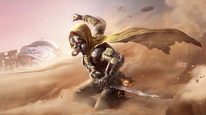PUBG character in desert with paratroopers