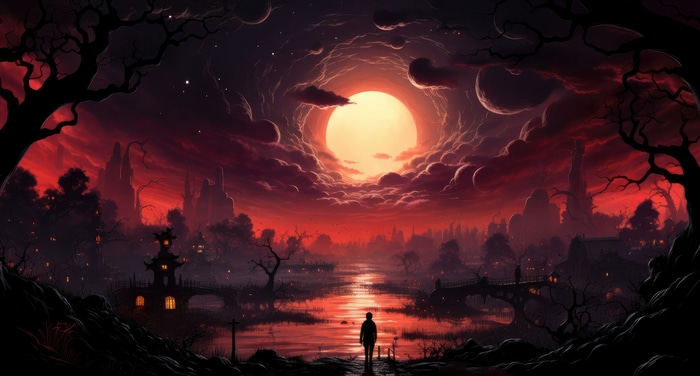 Digital artwork of a lone figure under a large moon
