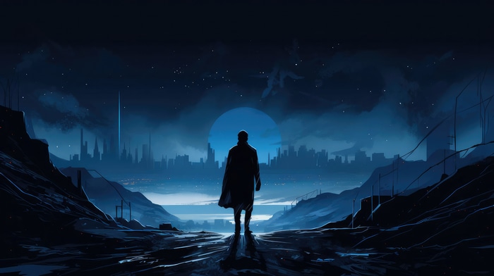 Man walks towards a futuristic city under a large moon