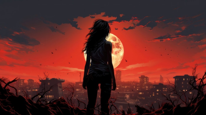 Woman Standing Before a Blood Moon Over a City