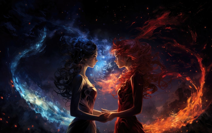 Two women, one of fire and one of ice, holding hands