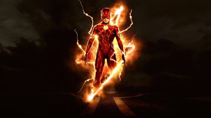 The Flash surrounded by lightning and fire