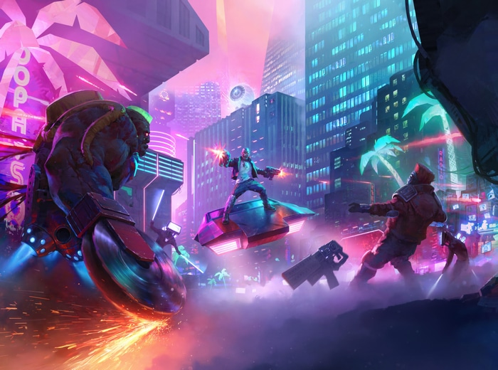 Turbo Overkill characters in a neon cyberpunk city