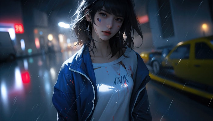 Anime girl in the rain with "ANIK" shirt
