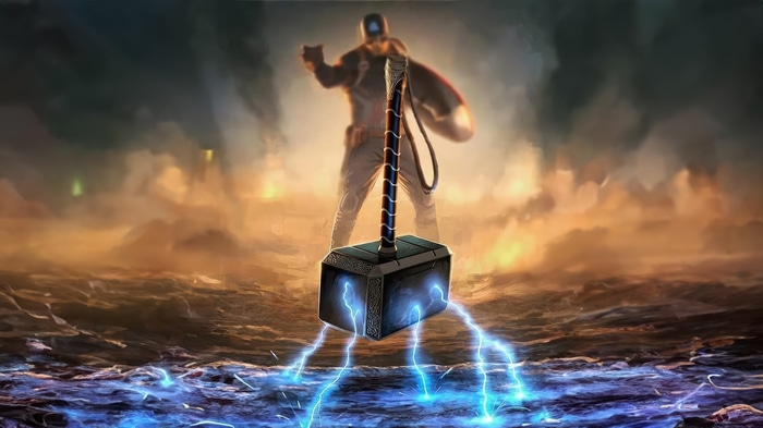 Captain America with Thor's Hammer and Lightning