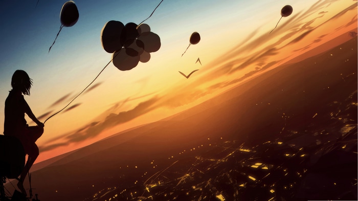 Anime girl with balloons at sunset