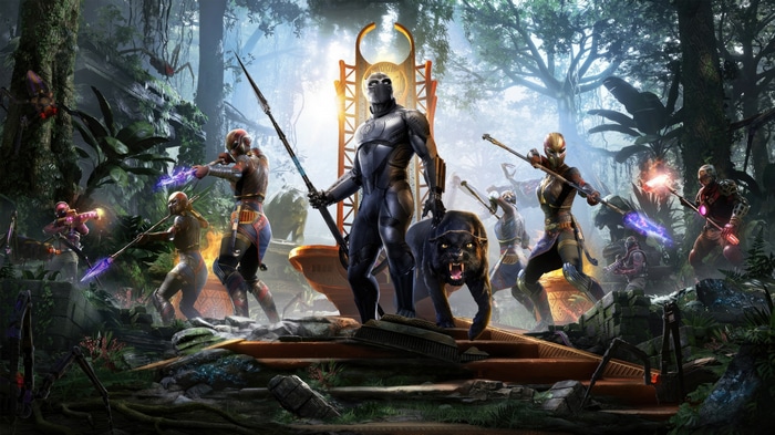 Black Panther and allies in a jungle temple