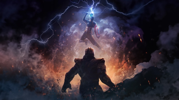 Captain America fights Thanos with Mjolnir and lightning
