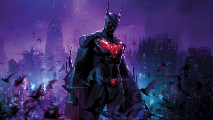 Batman Beyond in a dark, futuristic city with lightning