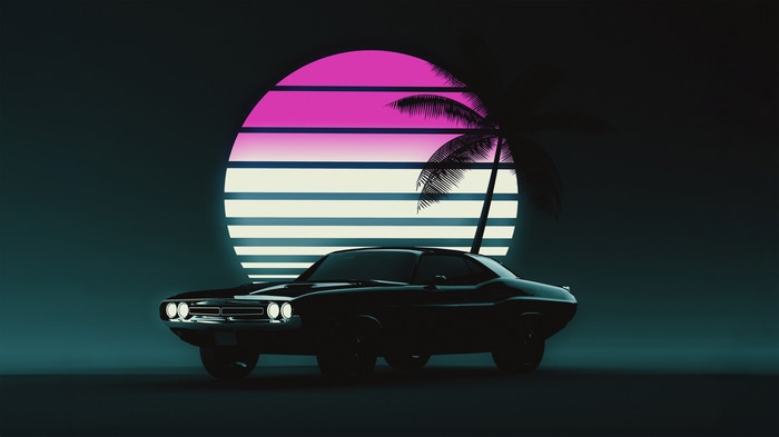 Retro car and palm tree against a striped sunset