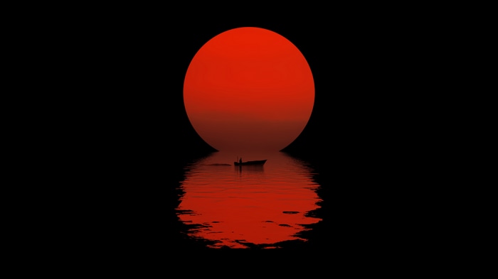 Digital Art: Large Red Sun Over Water