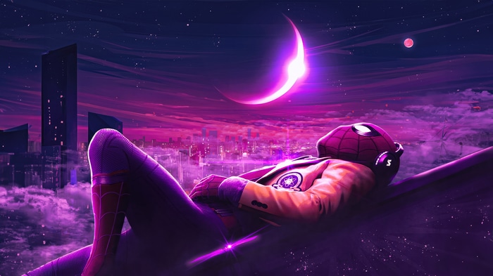Spiderman resting on a cloud overlooking a neon city
