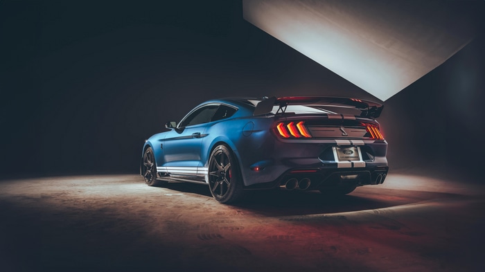 Blue Ford Mustang Shelby GT500 rear view