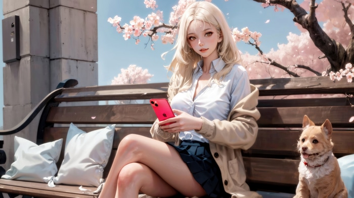 Anime girl with phone and dog under cherry blossoms