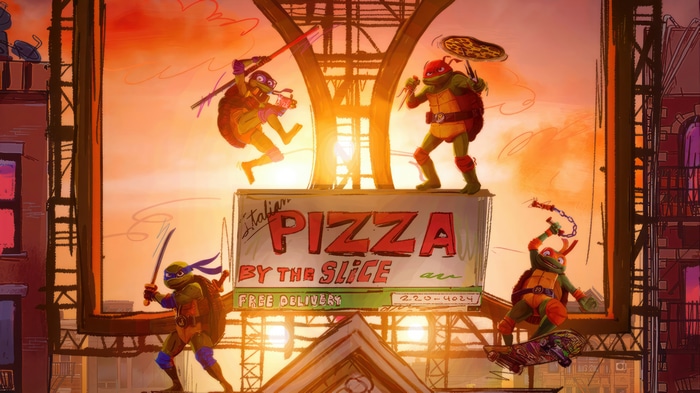 Teenage Mutant Ninja Turtles on a Pizza Sign