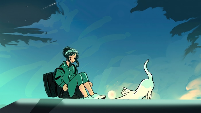 Anime girl and cat on a rooftop at night
