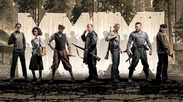 War Mongrels characters in front of a large M logo