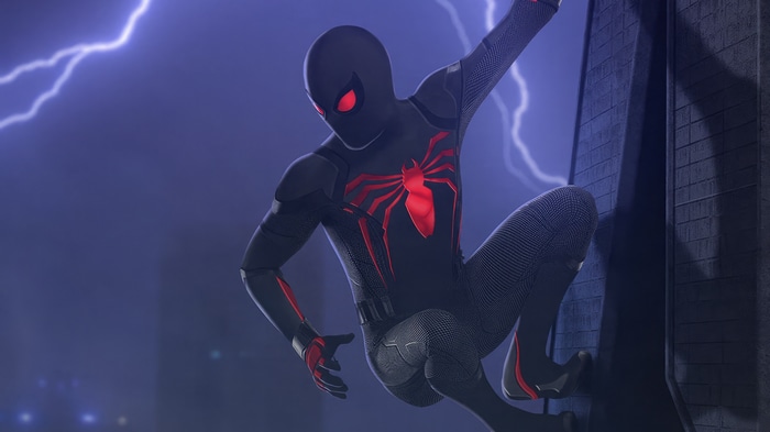 Spider-Man in a black and red suit during a lightning storm