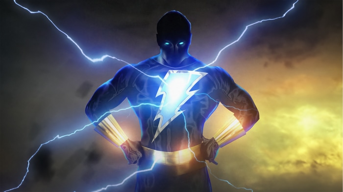 Black Adam surrounded by lightning in digital art