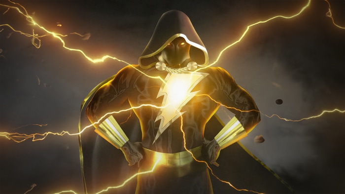 Black Adam surrounded by lightning