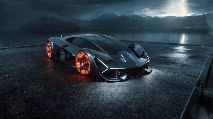 Lamborghini Terzo Millennio concept car on wet pavement