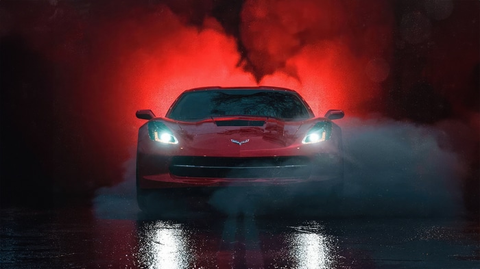 Red Corvette C8 with Red Smoke