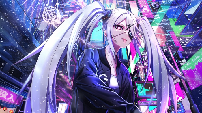 Anime girl with white pigtails in a neon city