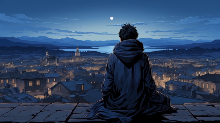 Man in hoodie overlooking city at night