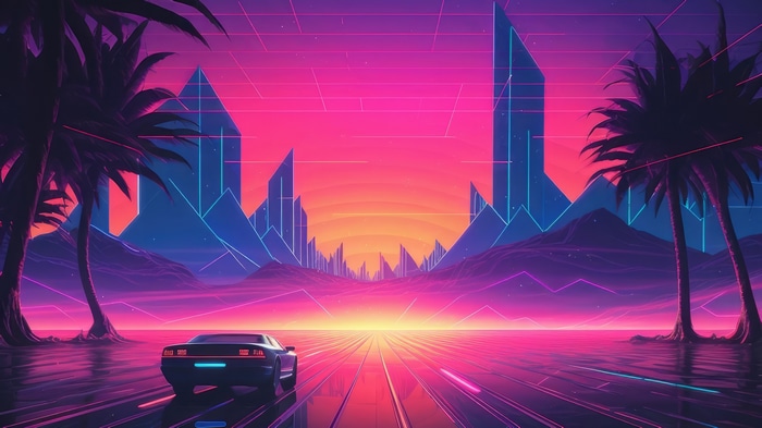 Retrowave artwork of a car driving towards a neon city