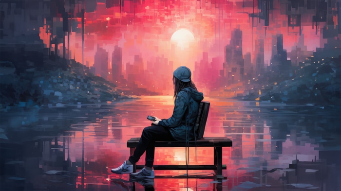Digital Art of a Person Sitting by a Water Body