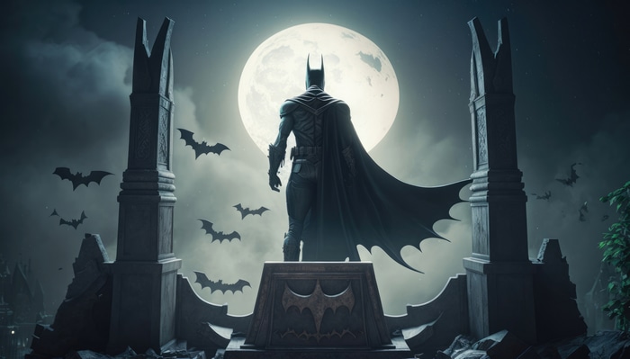 Batman standing in front of a full moon with bats flying