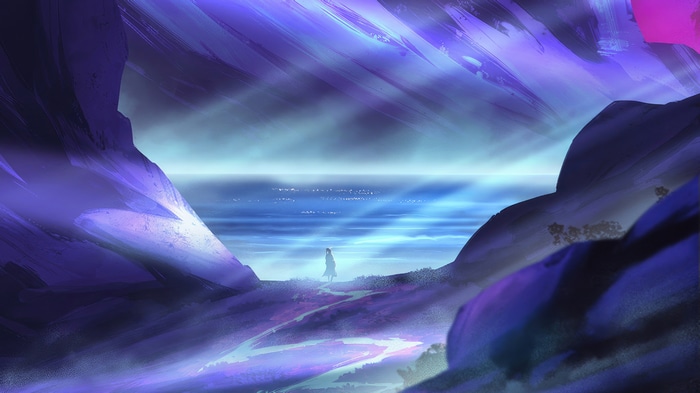 Synthwave artwork of a person by the sea