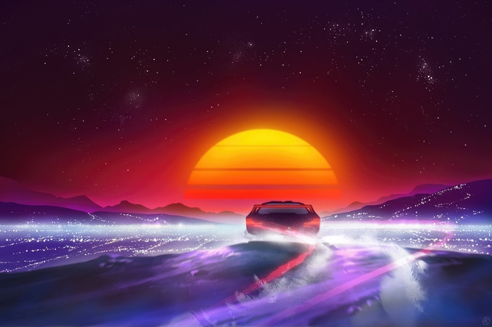 Cyberpunk car driving towards a neon sunset