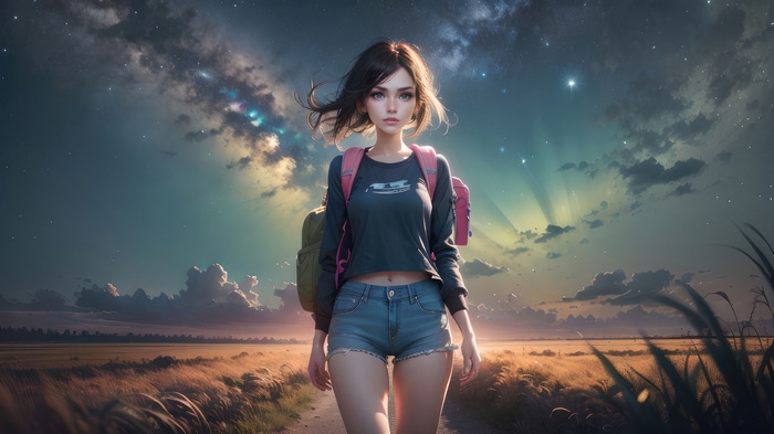 Anime girl with backpack walking in a field at night