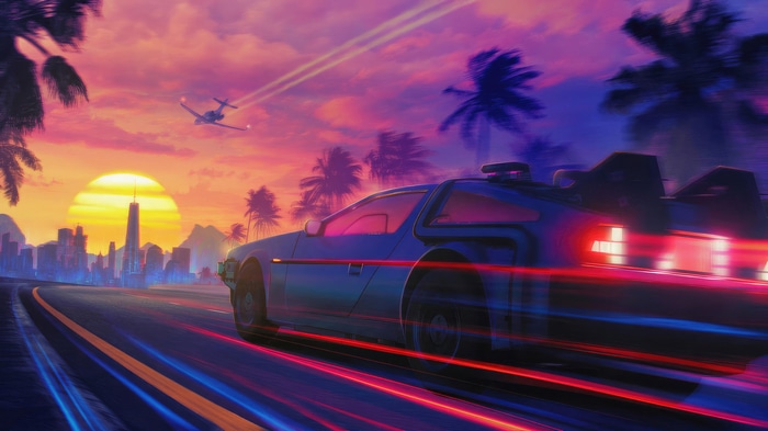 Delorean driving on a road at sunset
