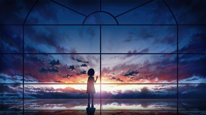 Anime girl looking at a sunset through a window