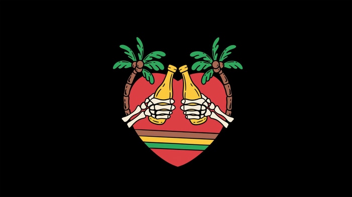 Skeleton hands holding beer bottles with palm trees and heart