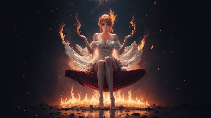 Fantasy girl with flames on a red platform