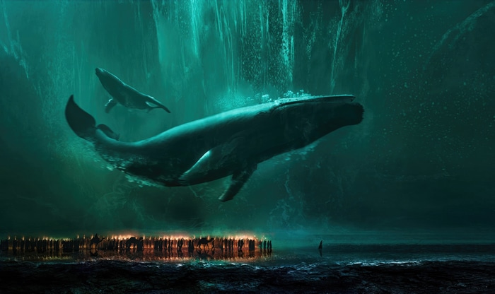 Whales swimming in a dark, icy ocean with a crowd below