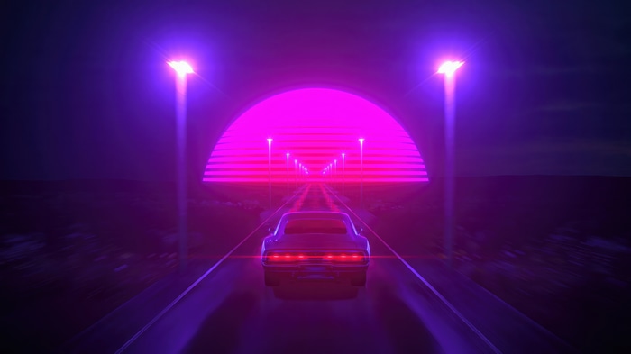 Synthwave car driving towards a neon sunset