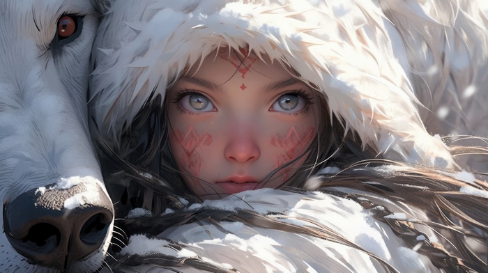 Girl with wolf in winter