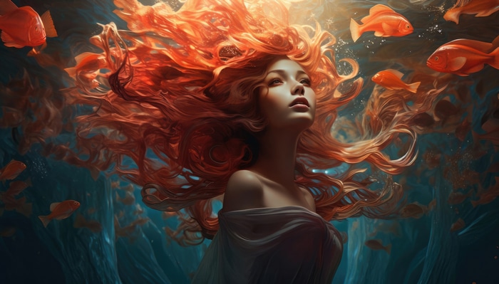 Fantasy artwork of a woman with flowing red hair surrounded by fish