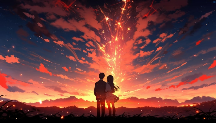 Anime couple watching a meteor shower at sunset