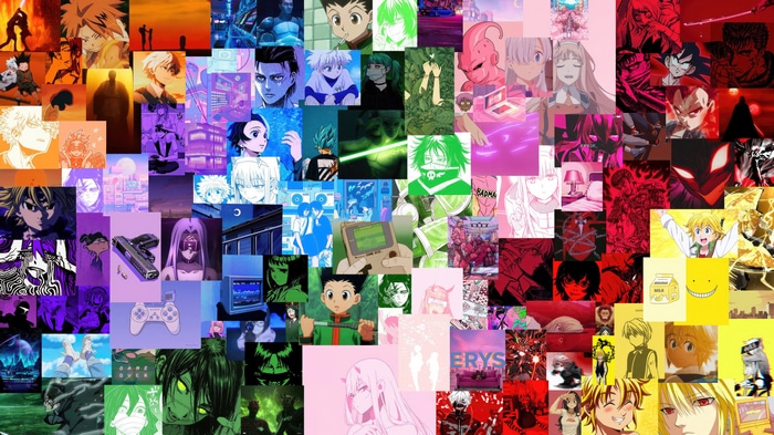 Anime collage with characters from various series