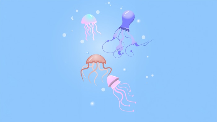 Minimalist digital art of four jellyfish underwater