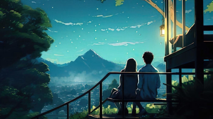 Anime couple watching the starry sky over mountains