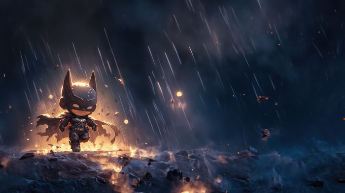 Chibi Batman in a fiery, rainy scene